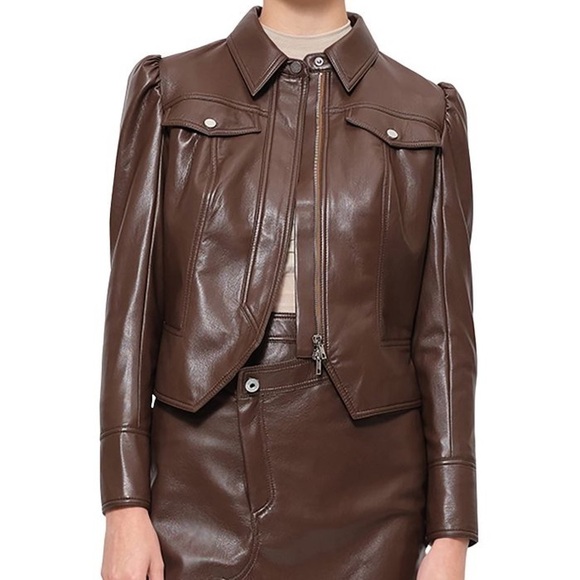 NWT Jonathan Simkhai Wyatt Vegan Leather Coffee Brown Puff Sleeve Jacket large - Picture 1 of 12